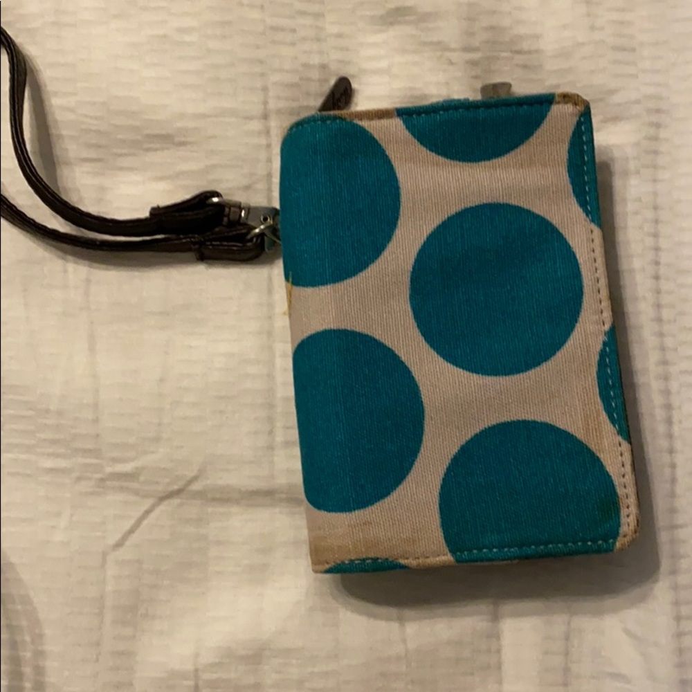 blue white and brown polka dot wristlet